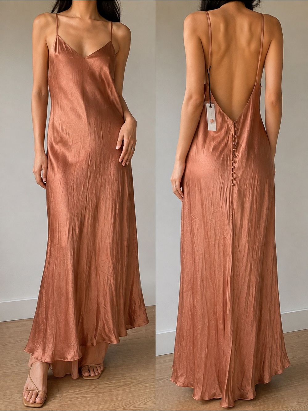 NWT Lovers + Friends Copper Satin Open Back Maxi Slip Dress
